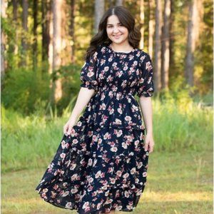 Navy Blue Floral Smocked Bodice Dress